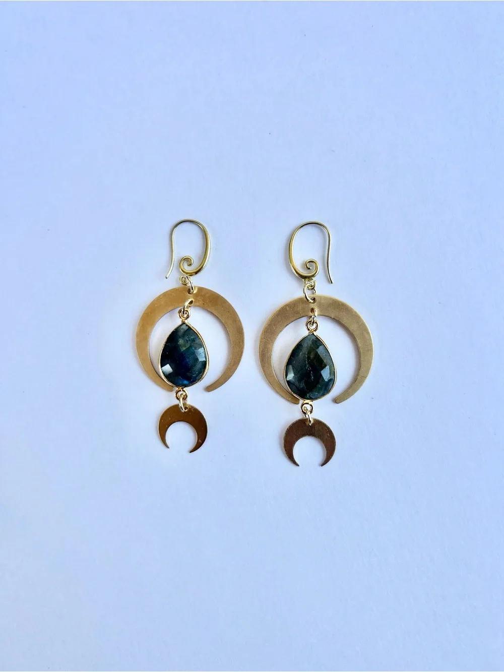Gold Crescent Moon Earrings with Labradorite Gemstone | Brass Findings